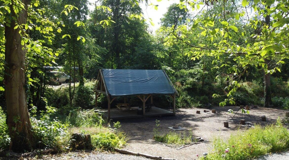 Woodland campsite communal area with covered shelter and fire pits at Tree Tops and Train Tracks in North Wales
