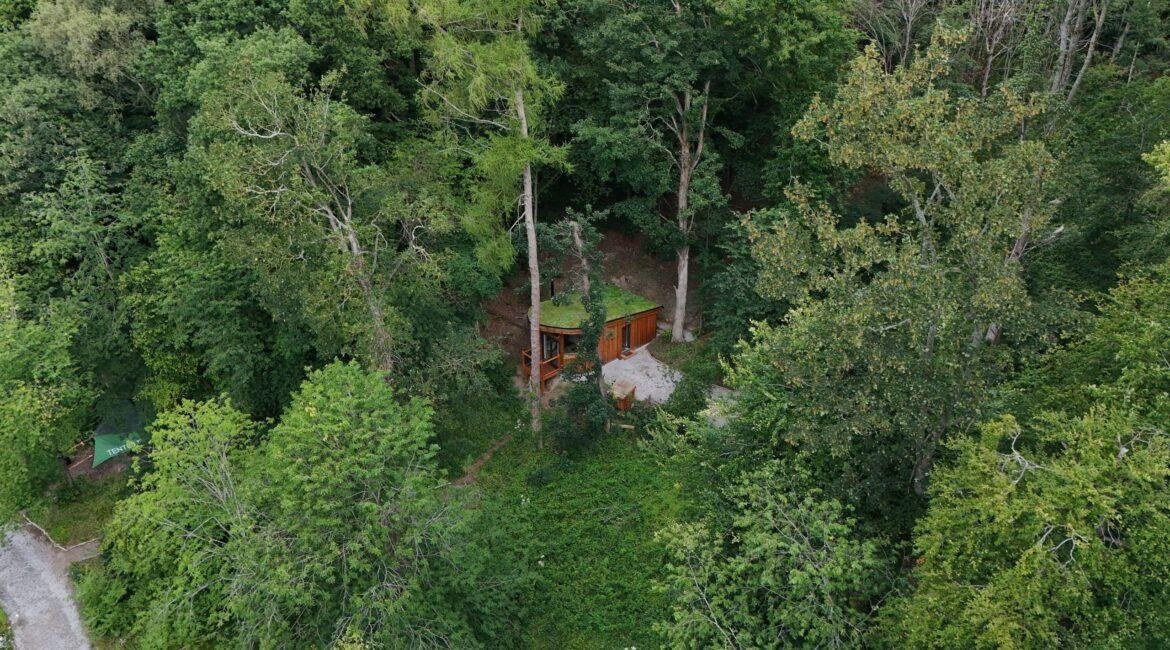Aerial view of the secluded Toad Hideout glamping cabin hidden amongst woodland in North Wales