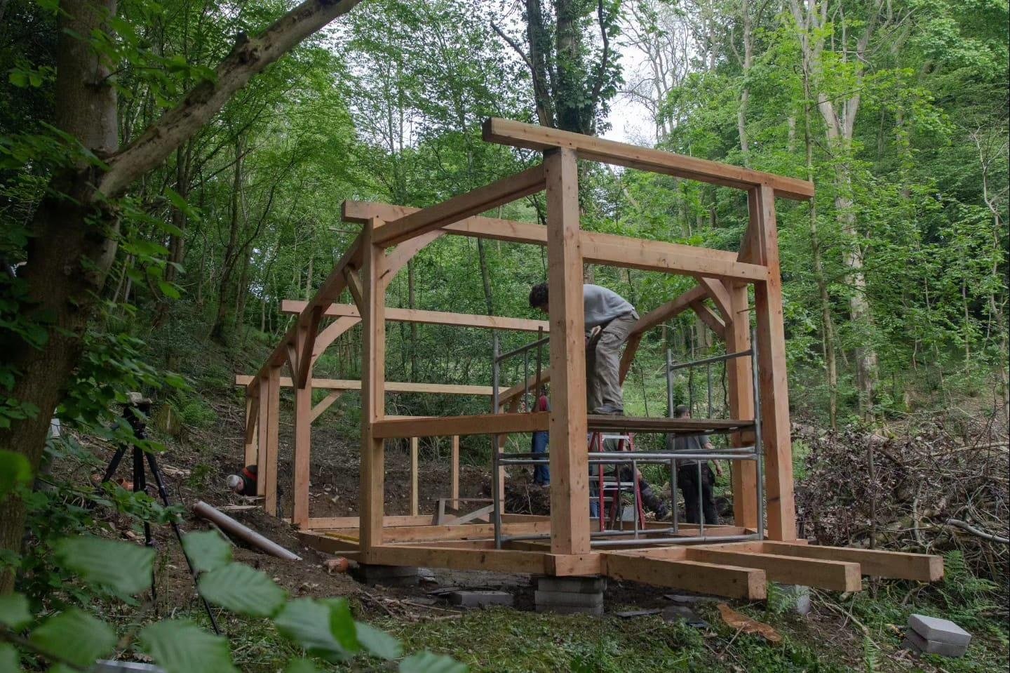 Timber frame of The Toad Hideout being raised by hand in the woodland at Tree Tops and Train Tracks, North Wales