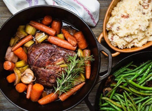 Hearty roast dinner with seasonal vegetables for a countryside break in North Wales