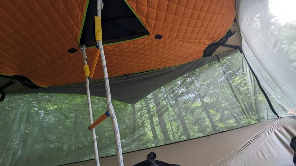 Interior of a Tentsile tree tent showing the insulated roof, rope ladder, mesh walls and forest views during camping.