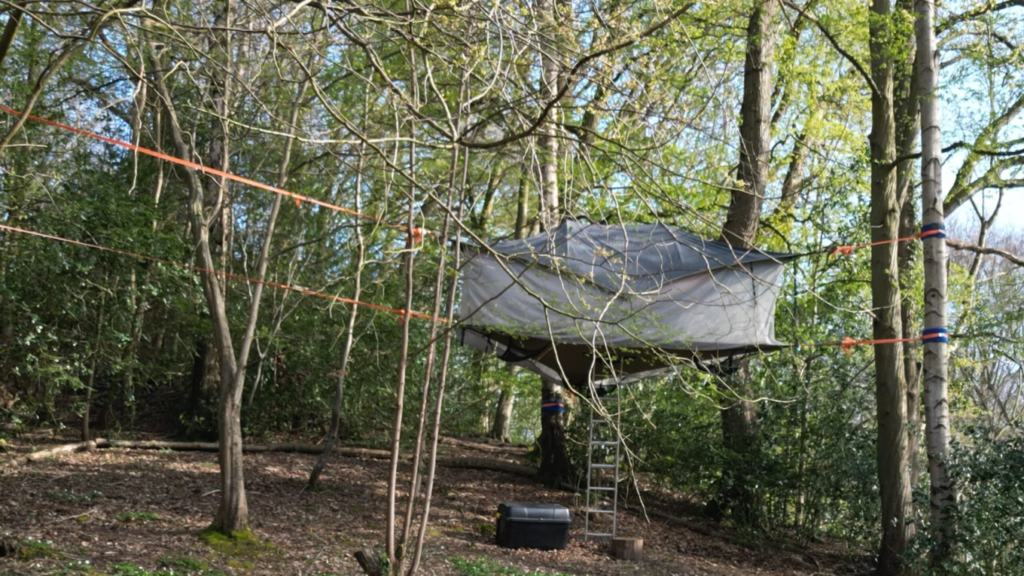 Suspended Tentsile tree tent set up in a forest with a rainfly, ladder and elevated sleeping platform for tree camping.