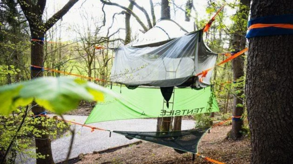 Three tiered Tentsile tent stack floating between three large oak trees.
